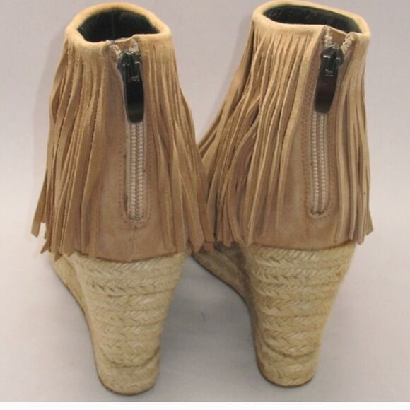 Beige Tan Suede Fringe Wedge Shoes - Picture 5 of 8